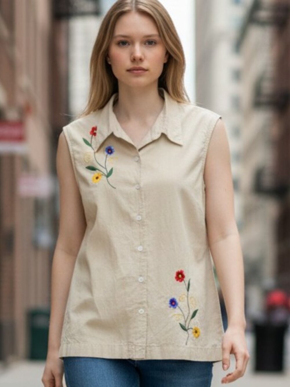 Vintage Jessica Holbrook Embroidered Floral Linen Sleeveless Shirt Coquette Sz L